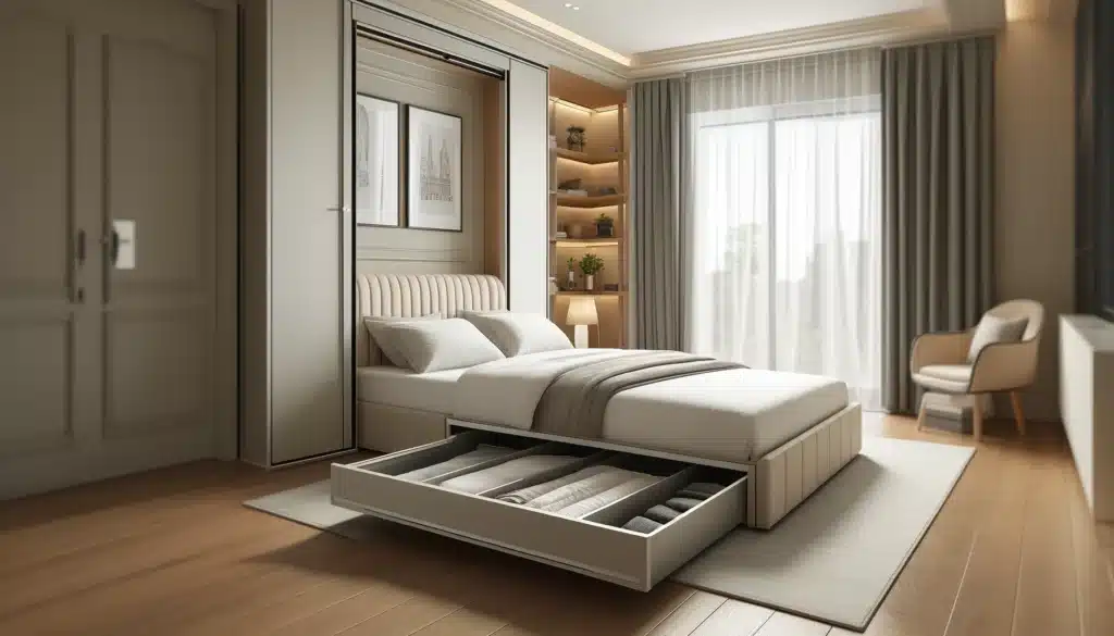 DALL·E 2024 05 15 12.08.48 A modern bedroom featuring a 135 cm bed with a canape that has a storage compartment open showing neatly organized bedding inside. The room is decora