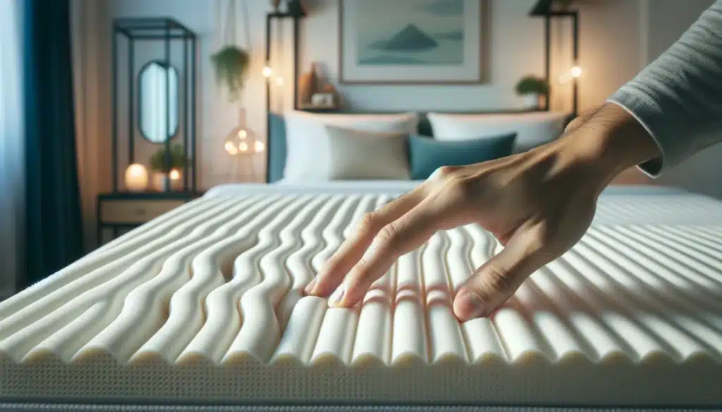 DALL·E 2024 05 15 12.14.28 A close up shot of a viscoelastic mattress on a bed showing the memory foam layers and their contouring effect on a hand pressing into it. The backgr