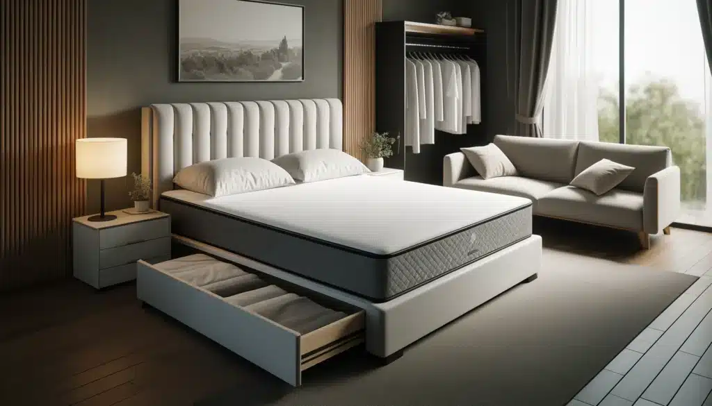 DALL·E 2024 05 15 12.21.55 A stylish bedroom with a 135 cm bed featuring a modern latex mattress and a sleek canape. The bed is neatly made with crisp white linens and the cana