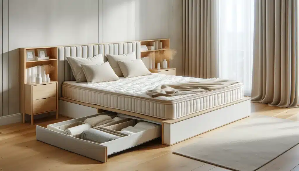 DALL·E 2024 05 15 12.22.53 A bright and airy bedroom with a 135 cm bed featuring a mattress and a canape. The bed is made up with light colored linens and the canape is open s