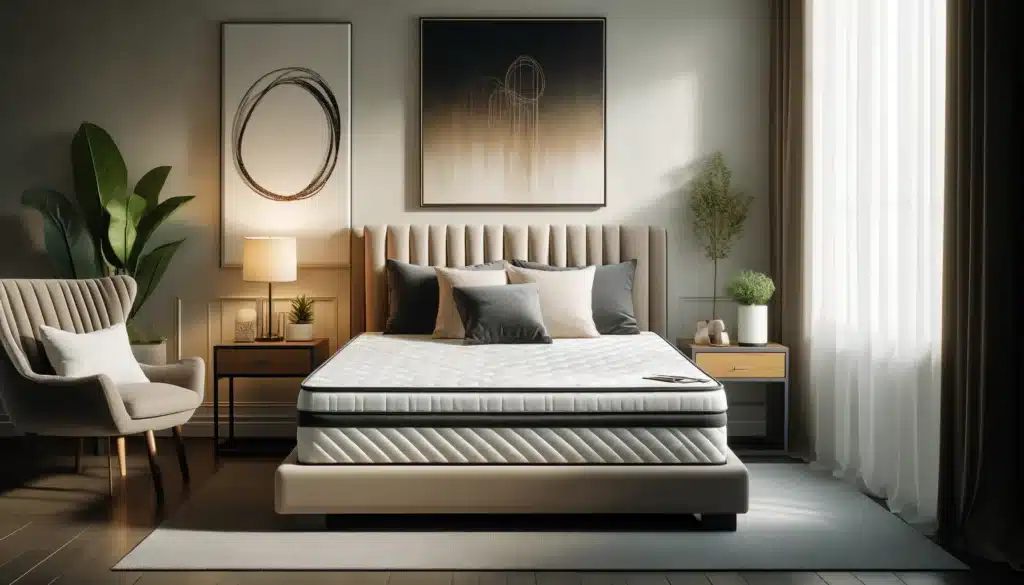 DALL·E 2024 05 15 12.35.09 A luxurious bedroom with a 150x200 cm mattress on a stylish bed frame. The bed is neatly made with high quality linens pillows and a cozy blanket. T