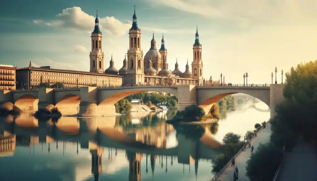 DALL·E 2024 05 27 12.35.34 A scenic view of Zaragoza Spain. The image should feature the Basilica del Pilar with its impressive towers reflected in the Ebro River. Include the