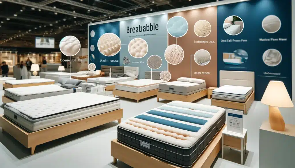 DALL·E 2024 05 27 12.37.23 A detailed image of breathable mattresses displayed in a showroom. The mattresses should have labels indicating their breathable features. Include clo