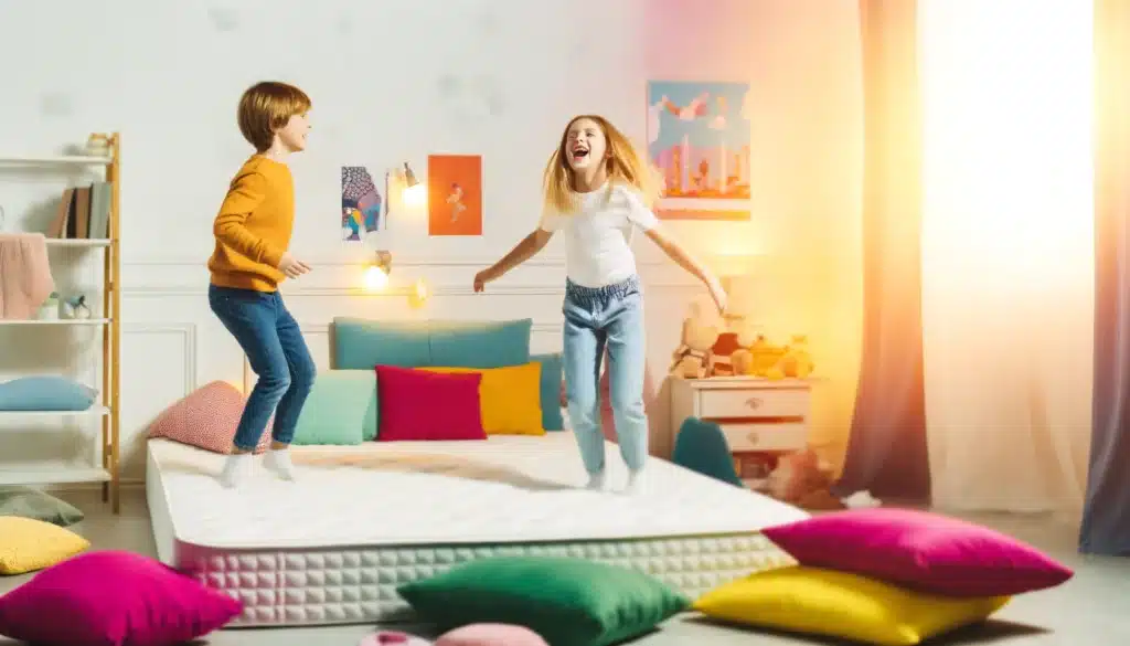 DALL·E 2024 05 10 10.22.03 Two children playing and jumping on a mattress in a bright and cheerful bedroom. The mattress is colorful and comfortable with vibrant bedding and pi