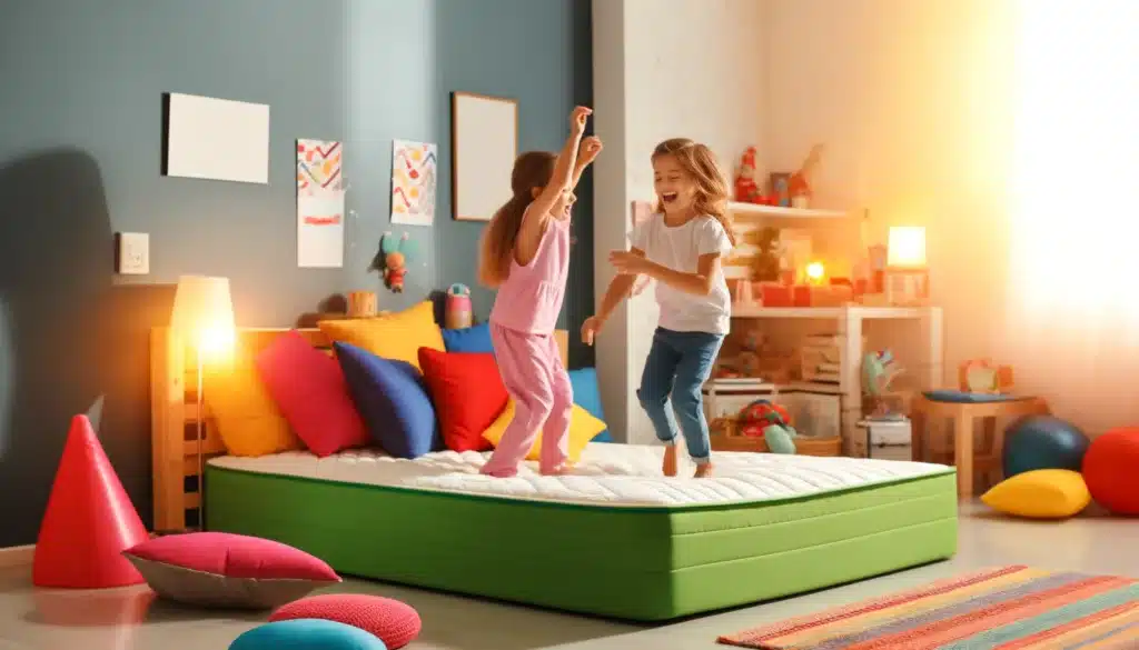 DALL·E 2024 05 10 10.22.44 Two children playing and jumping on a mattress in a bright and cheerful bedroom. The mattress is colorful and comfortable with vibrant bedding and pi